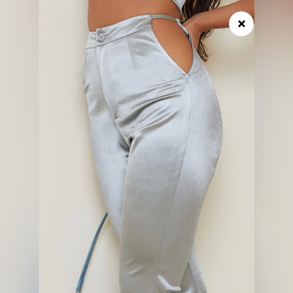 PLT - Silver Stretch Satin Cut Out Hip Detail Flared Trousers, size 6 - Picture 3 of 4